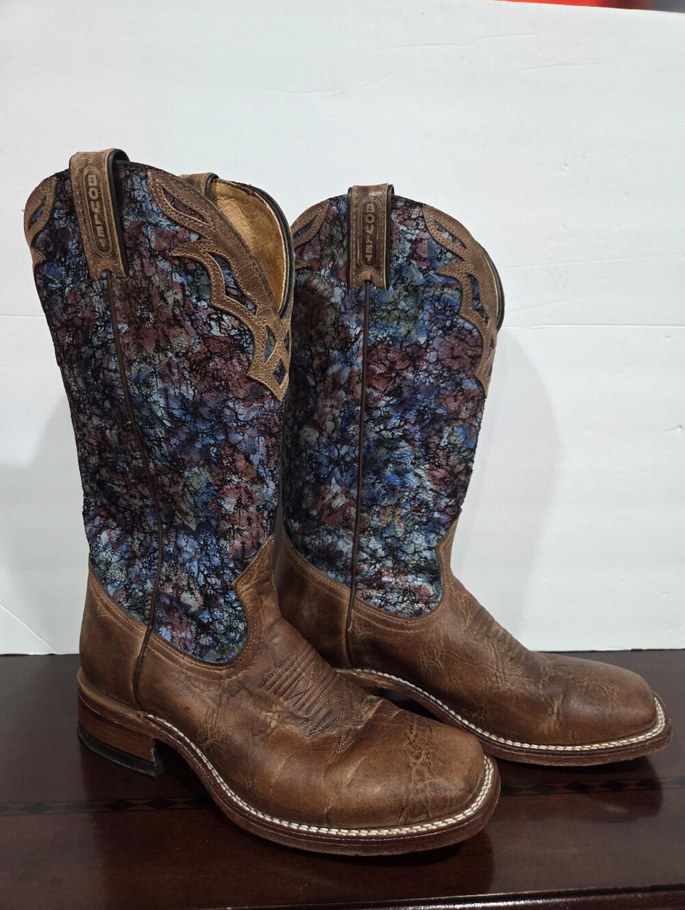 Boulet Brown Leather Cowboy Boots with Multicolor Shaft Sz.7.5